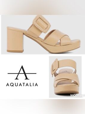 Aquatalia NWOT Marina Almond Leather Buckle Block Heel Mule Sandals